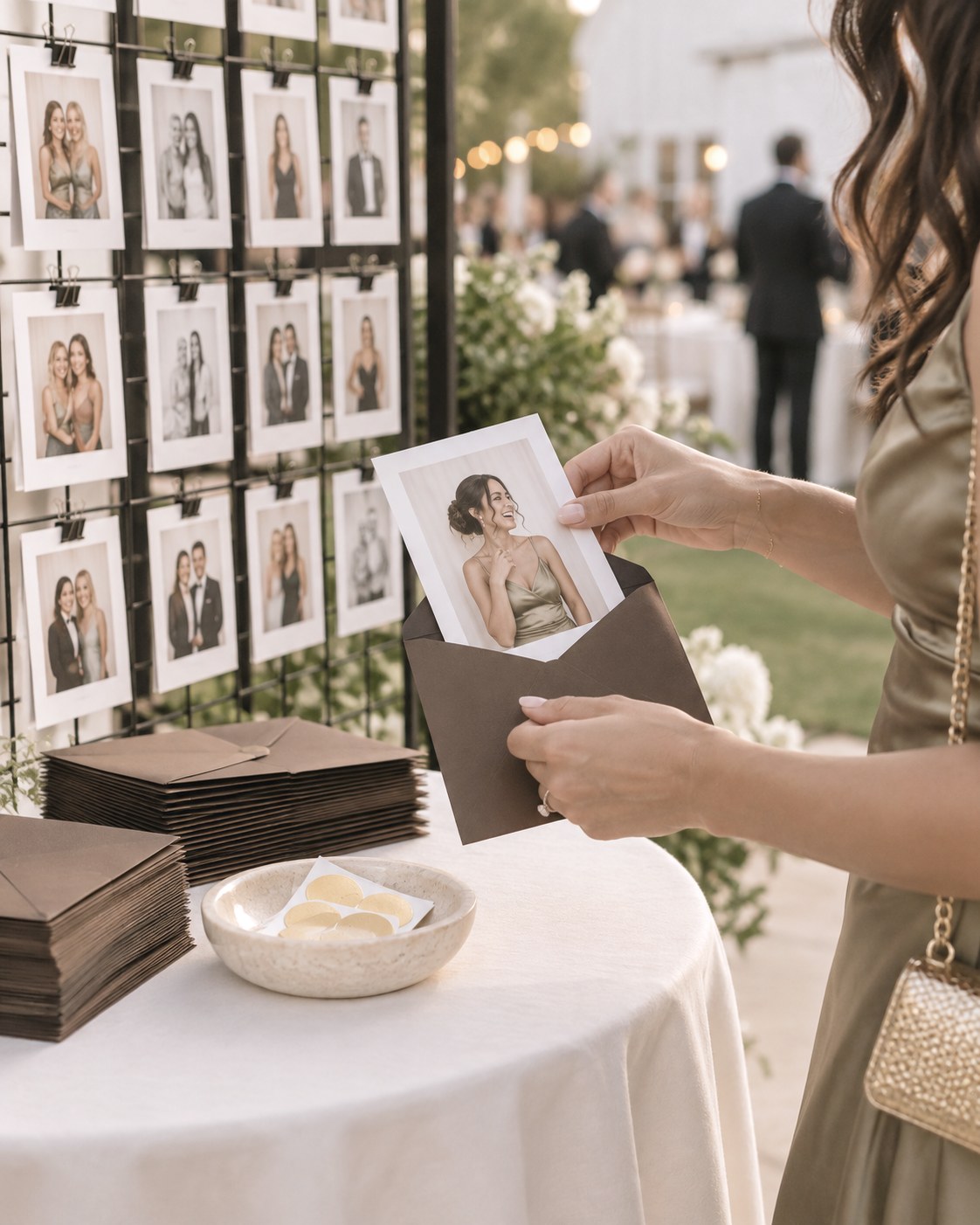 A guest slips her portrait print into a matte brown envelope at the envelope station