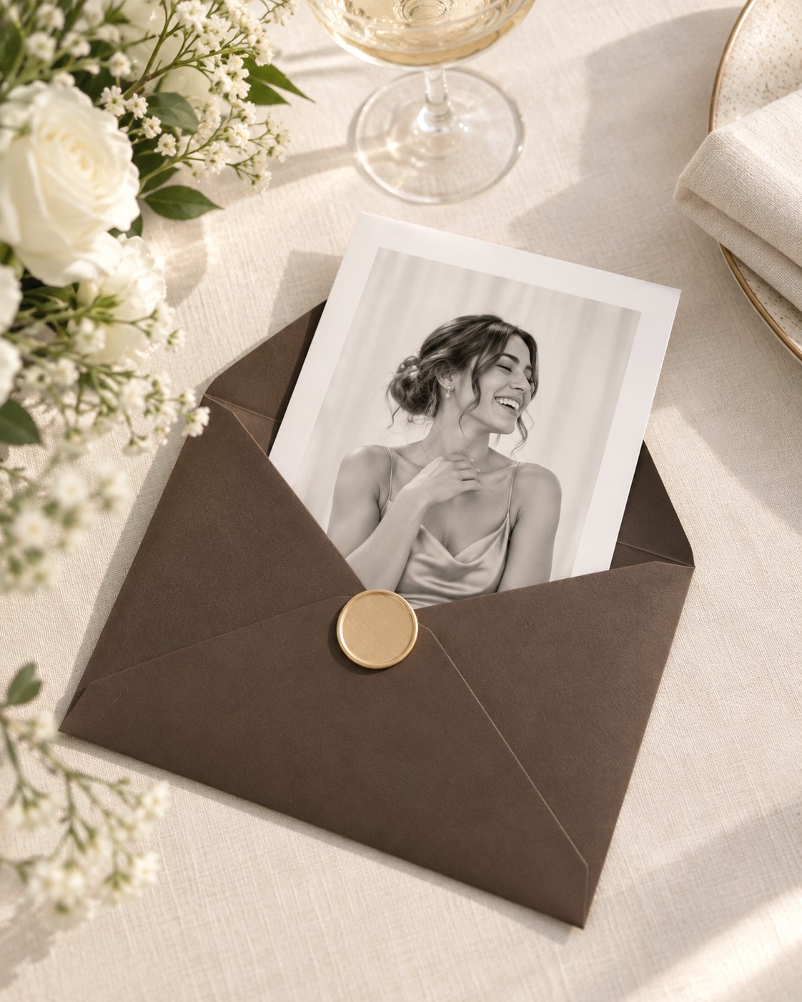 A black-and-white portrait print in an open matte brown envelope with a gold seal