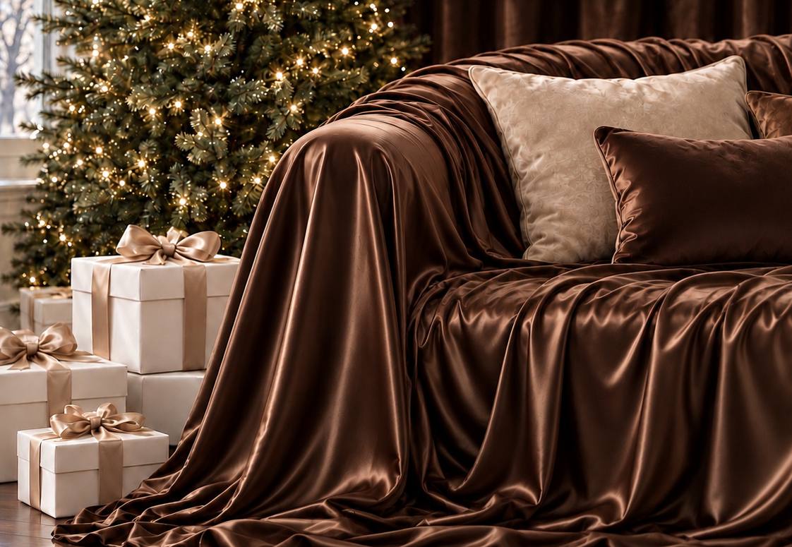 Concept image of the Christmas set: a sofa draped in glossy chocolate satin with cream pillows, a lit tree and gift boxes with gold ribbon