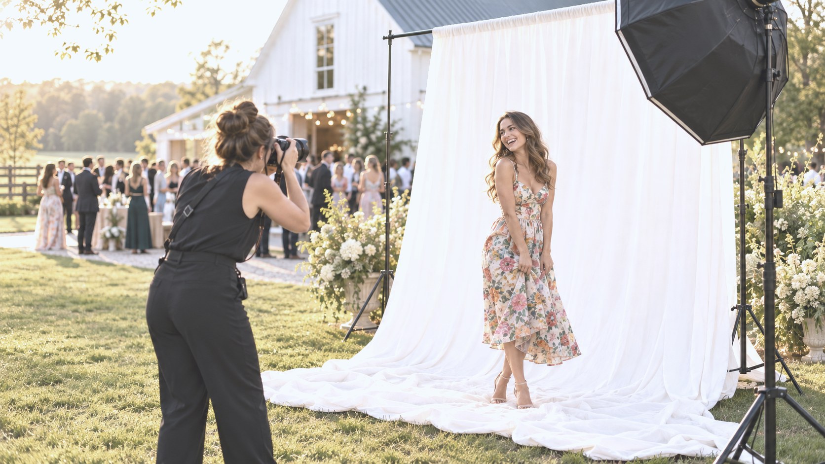 A photographer captures a laughing guest in a floral dress on a draped white backdrop outside a white barn wedding venue