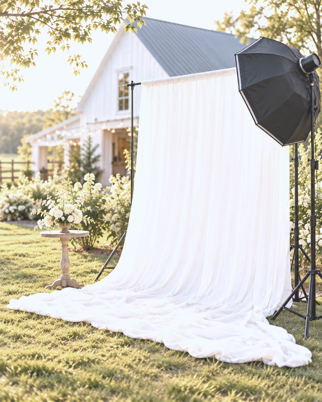 The portrait station set up on a lawn: a white draped backdrop pooling on the grass, a softbox on a stand and a small table with white flowers, beside a white barn