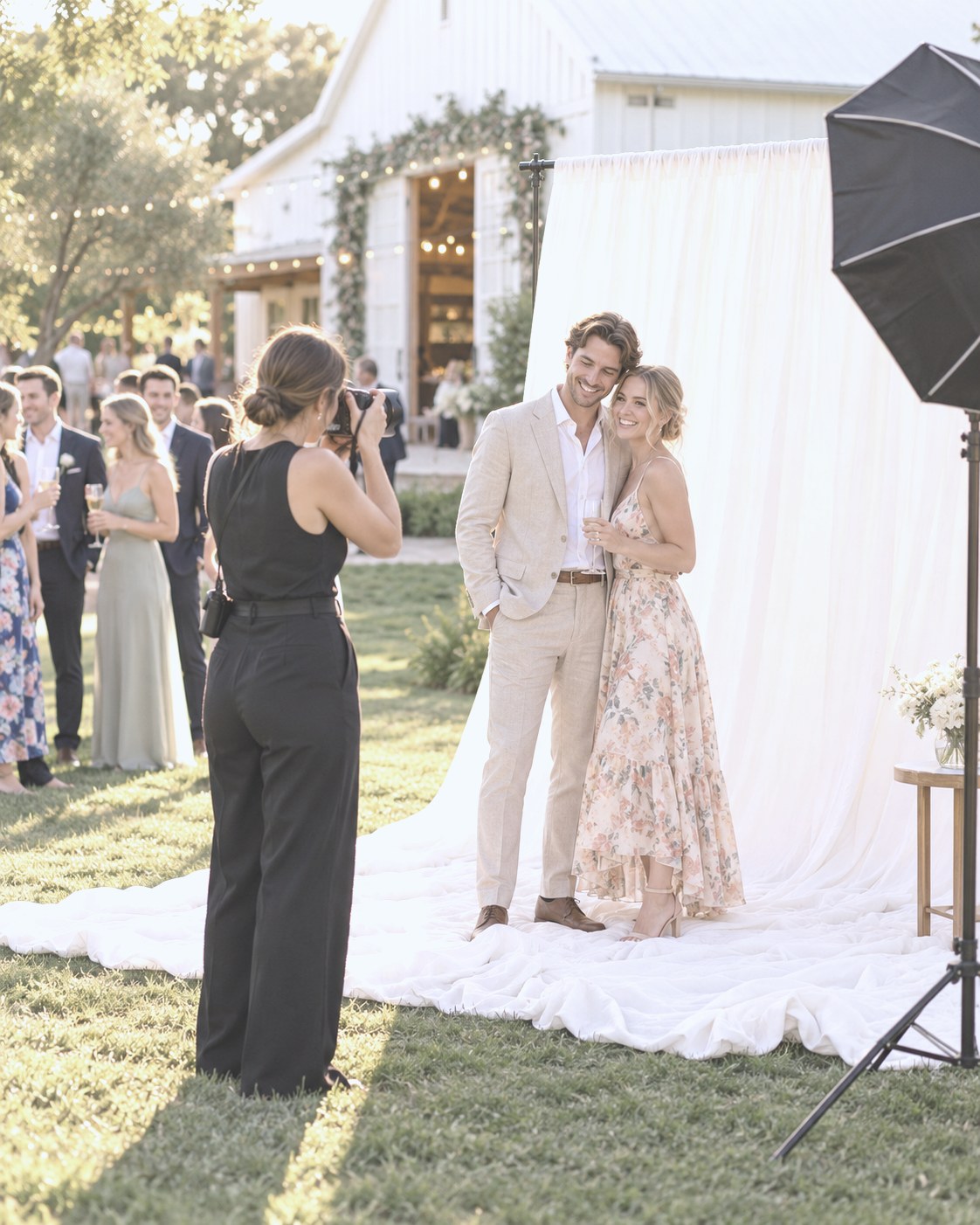A photographer guides a smiling couple on the white backdrop while other wedding guests mingle nearby