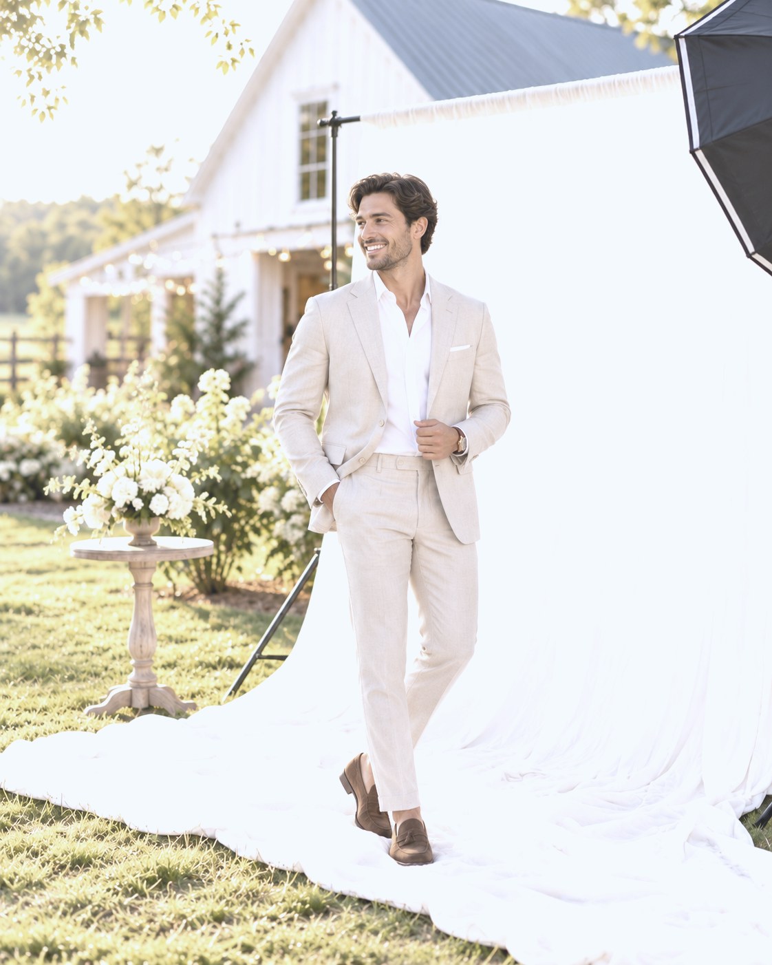 Guest in a linen suit walking across the draped backdrop