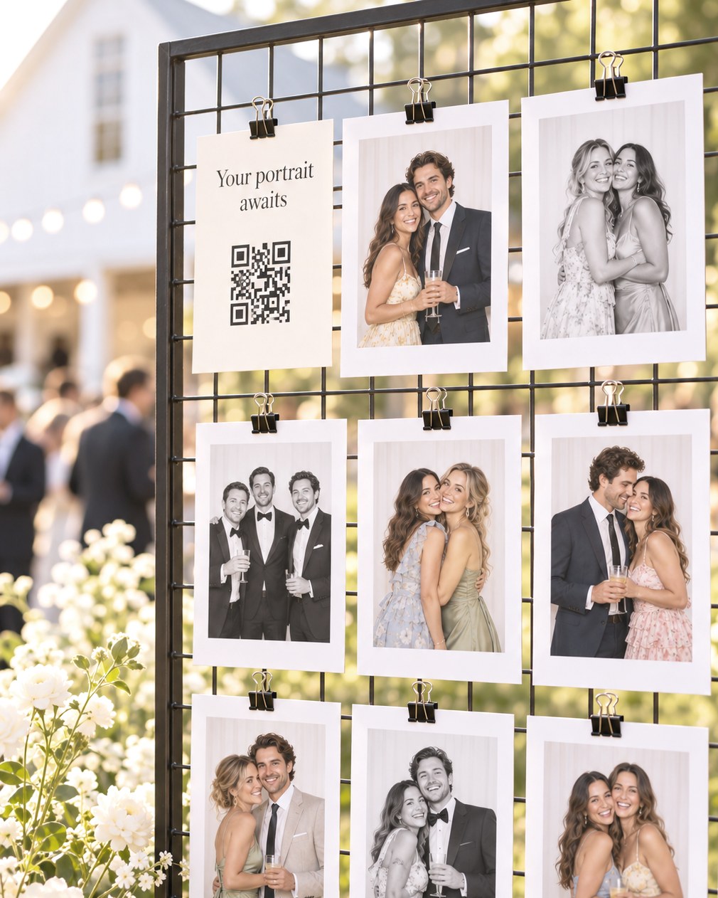 White-bordered guest portraits clipped to a black grid wall beside a sign reading Your portrait awaits with a QR code
