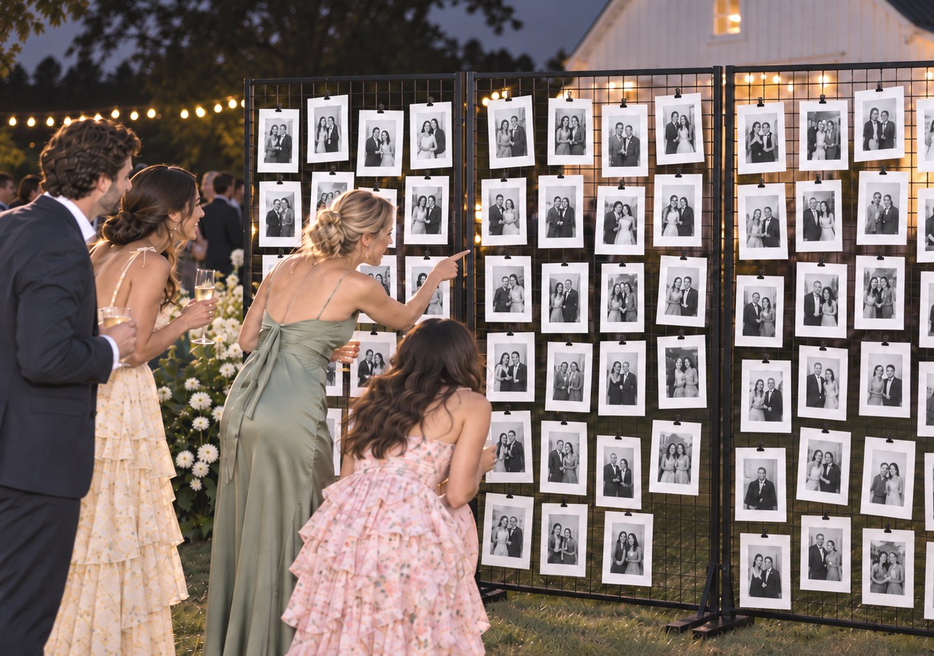 Wedding guests at dusk finding their portraits on a three-panel black grid wall